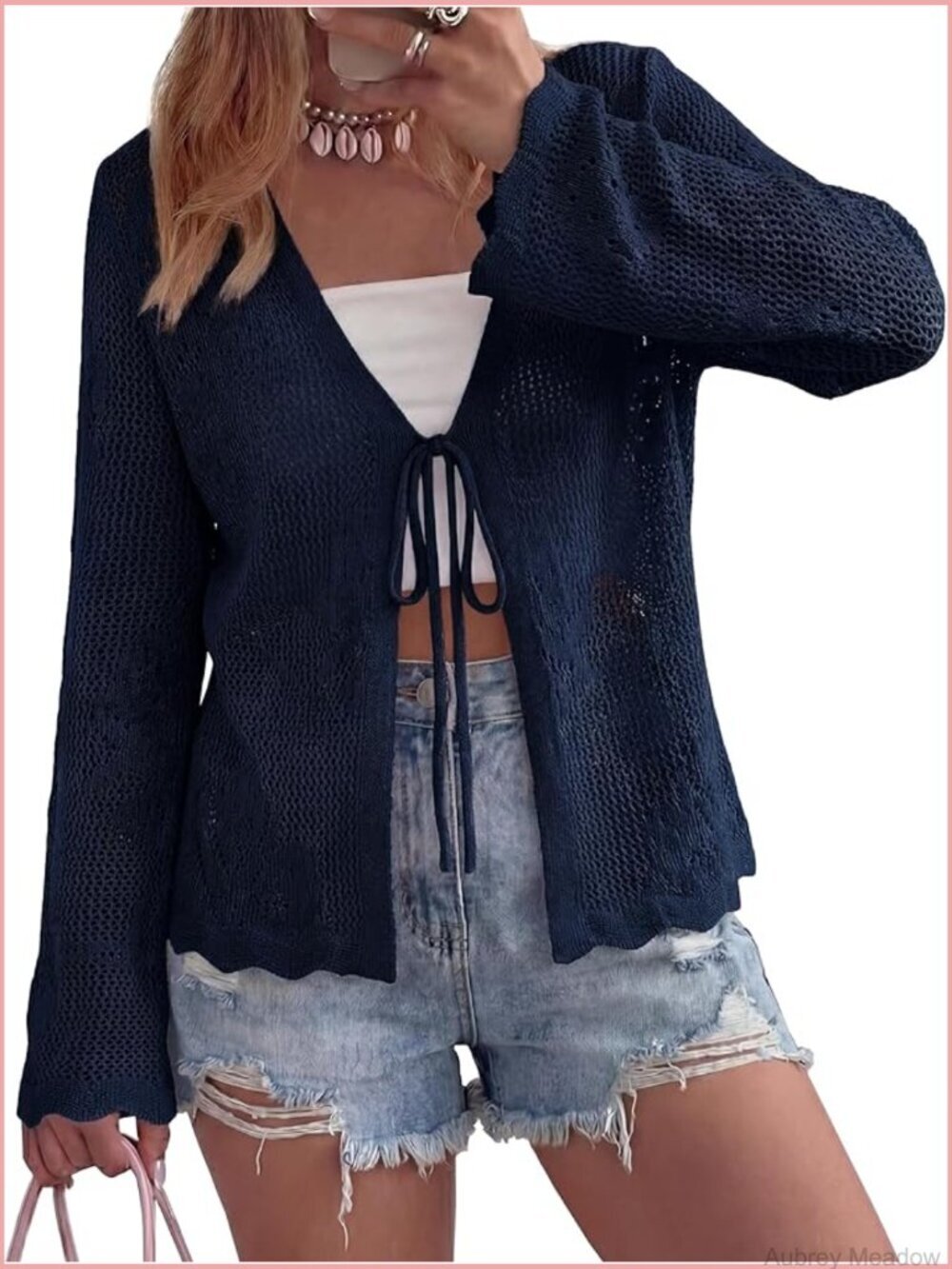 Lightweight Crochet Hollow Out Long Sleeve Tie Front Cardigan